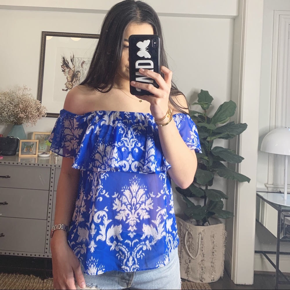 show me your mumu blue print off the shoulder top